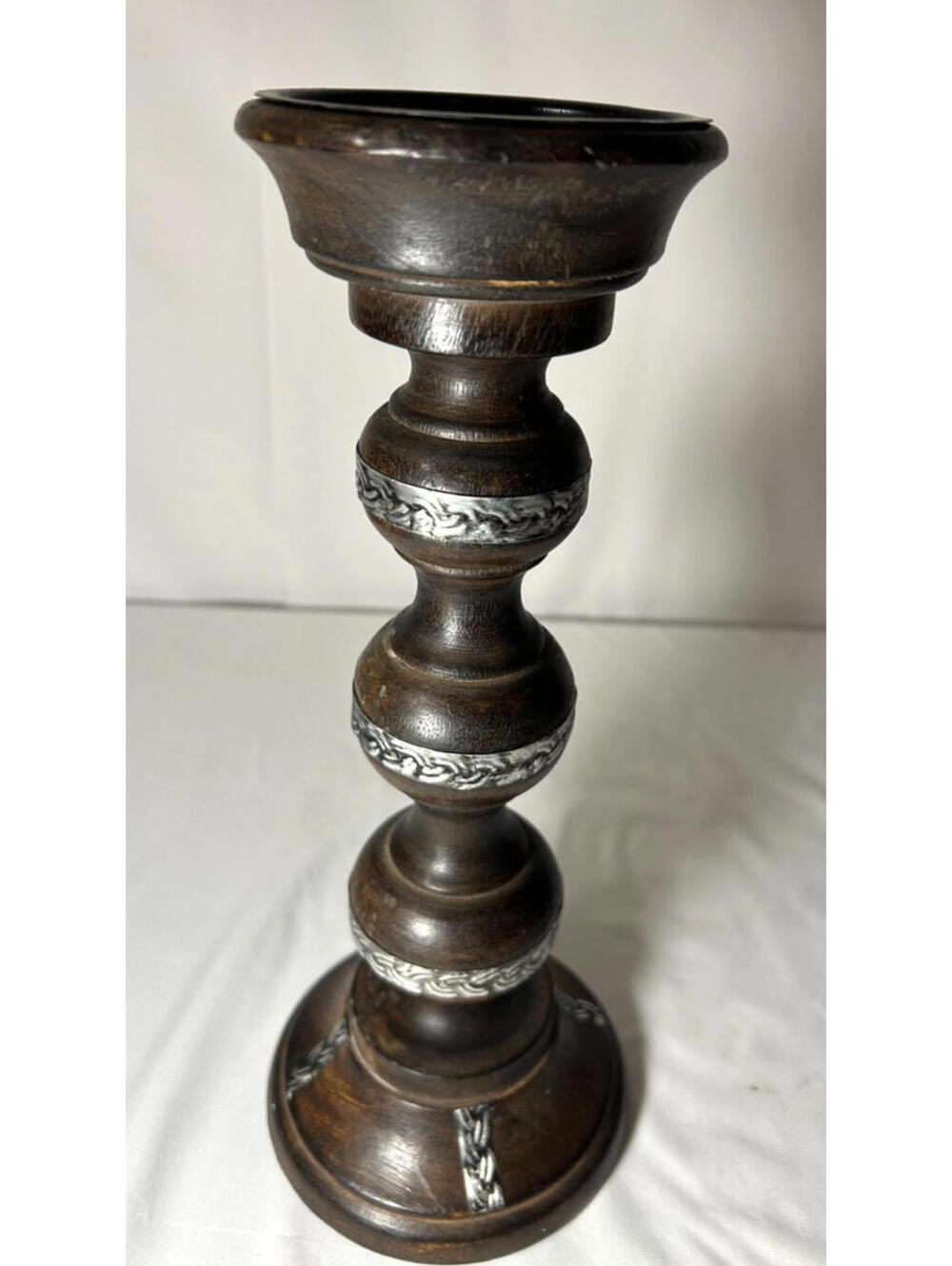 Vintage Wood & Silver Candlestick Holder – Ornate Turned Design with Leaf Detail